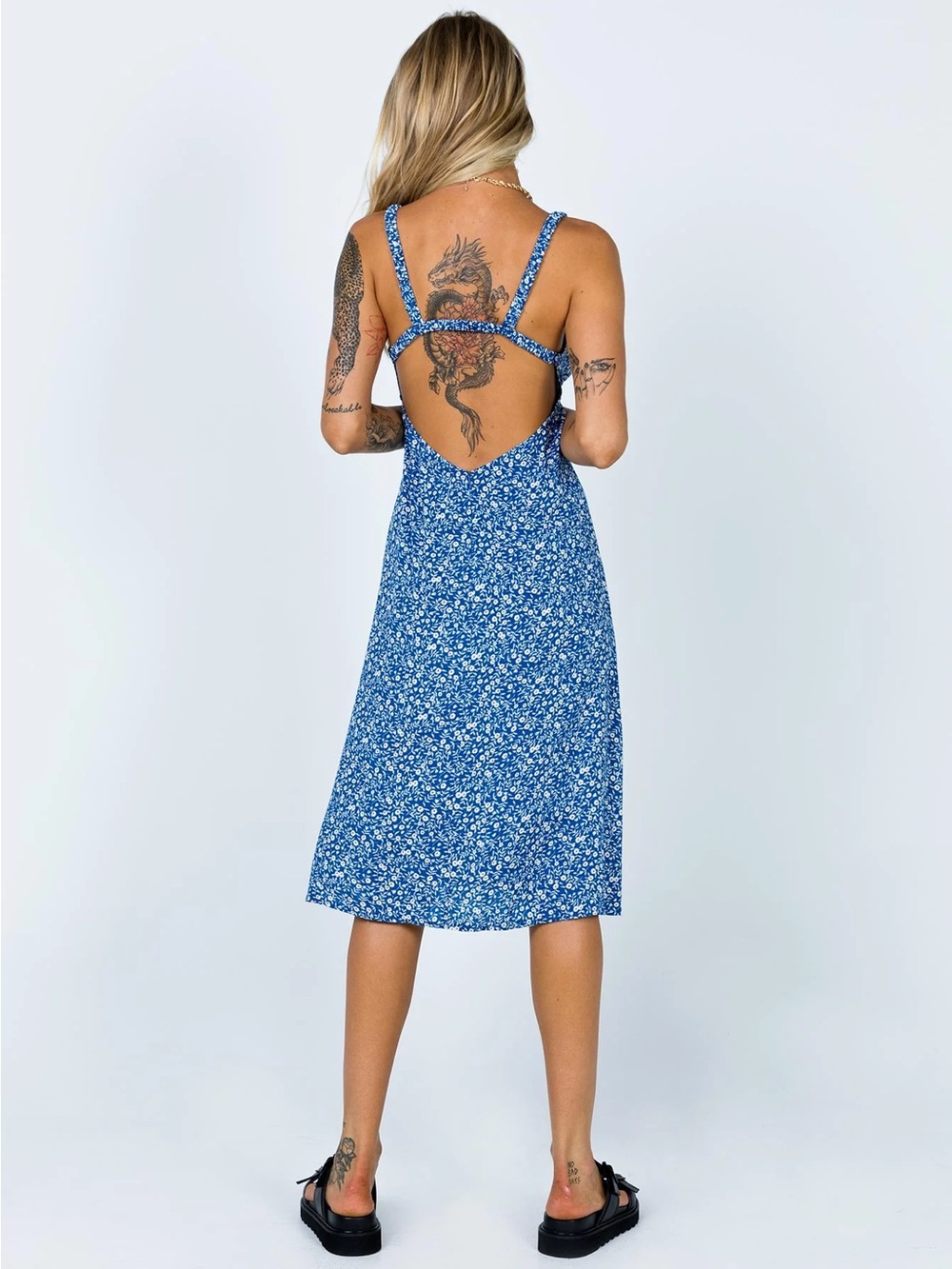 Princess Polly dark blue green Floral Midi Dress open back - Picture 4 of 11
